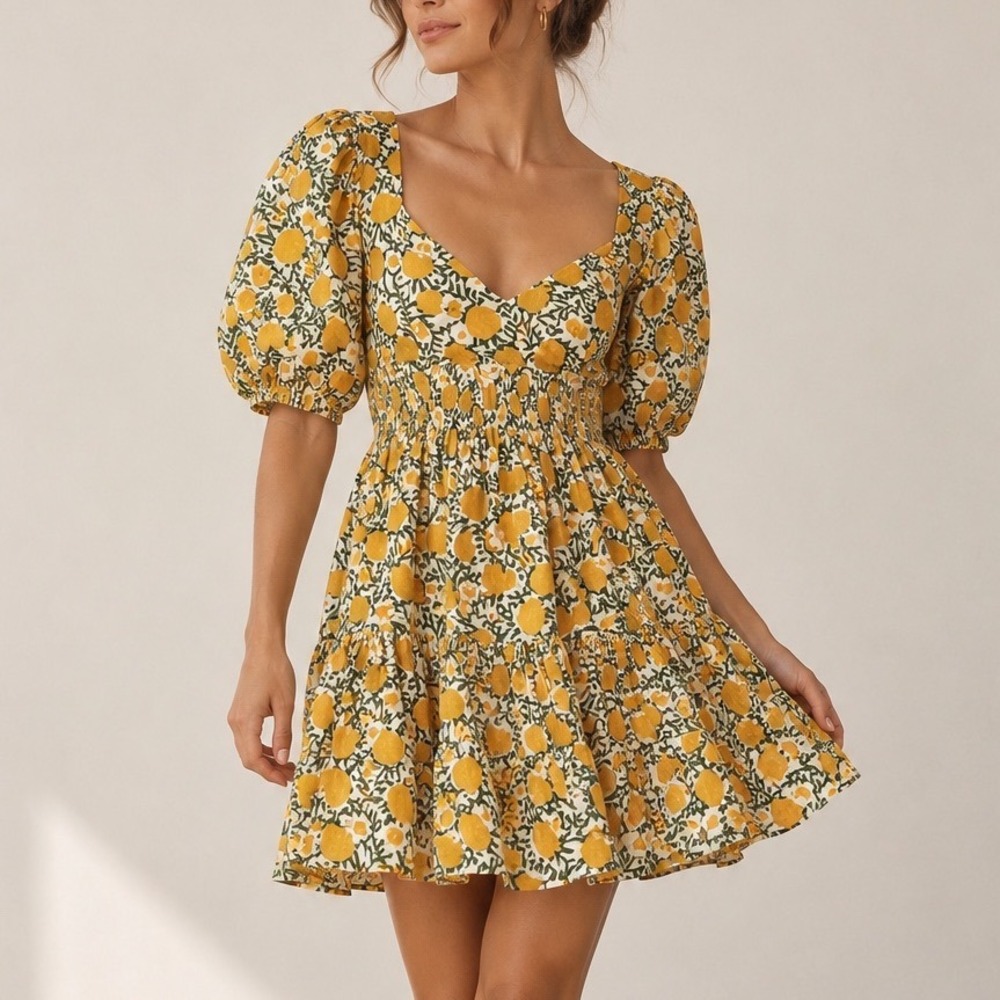 MILLE Aneli Mini Dress Small Citrus Print Cotton Puff Sleeve Tiered Yellow Green